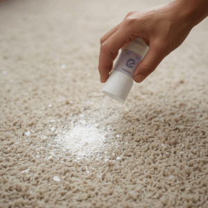 Carpet deodorizer powder masking odors while leaving residue in carpet fibers