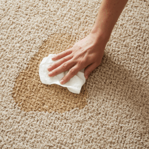 Homeowner blotting a carpet spill to protect carpet fibers